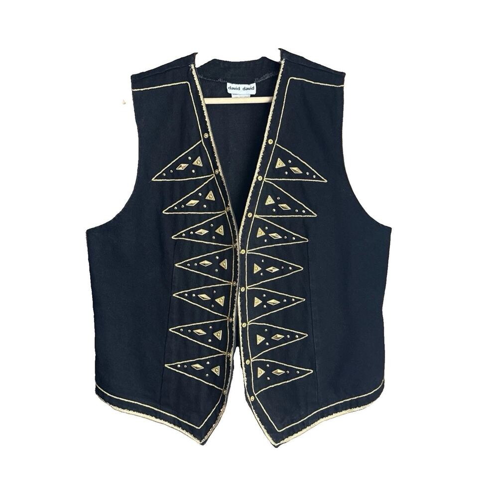 David David Vintage Black Denim Studded Western Aztec Vest 1X Gold Trim USA